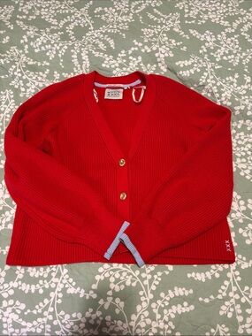 Scotch & Soda Red Ribbed V-Neck Cardigan with Contrast Trim